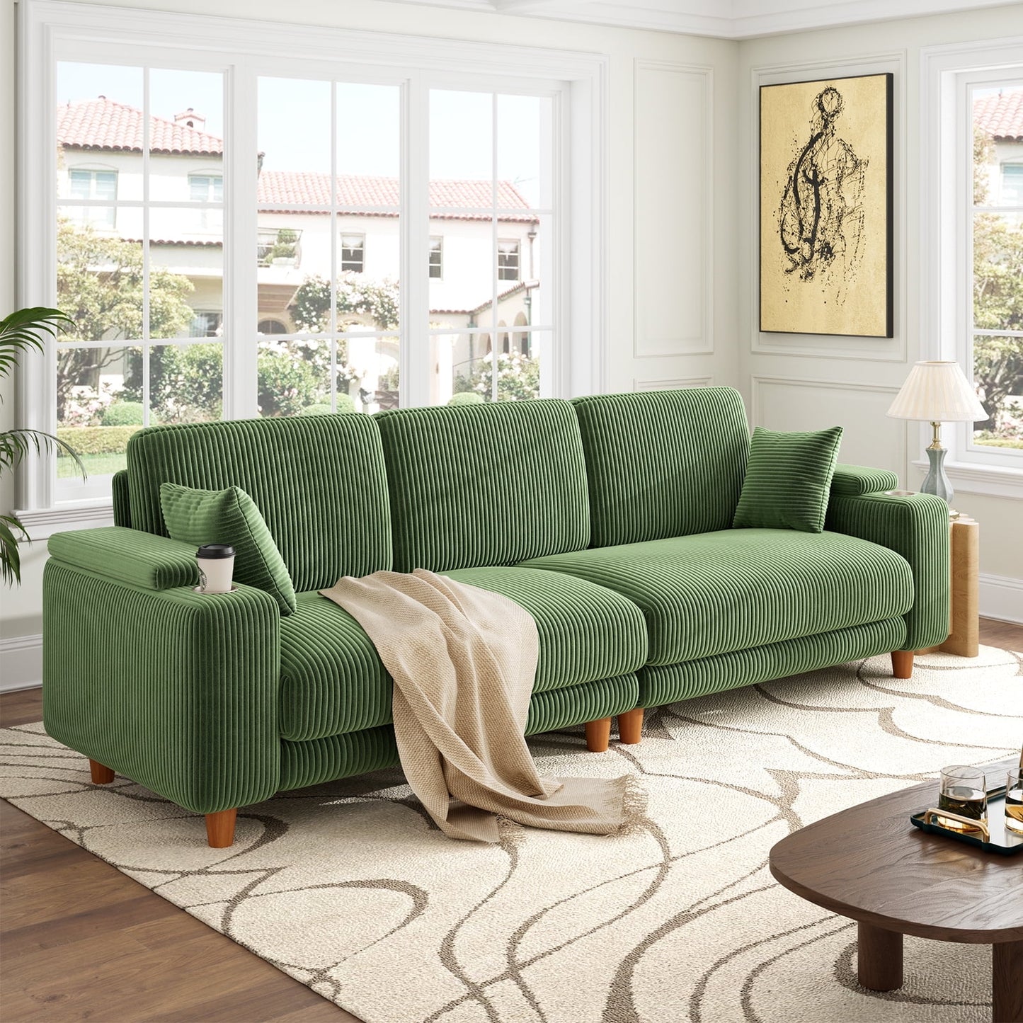 101" Sofa Couch for Living Room,24" Extra Deep Seat Corduroy Sofa,Wide Storage Armchair,Comfy Upholstered Oversized Loveseat with Cup Holder,2 Pillows,Green