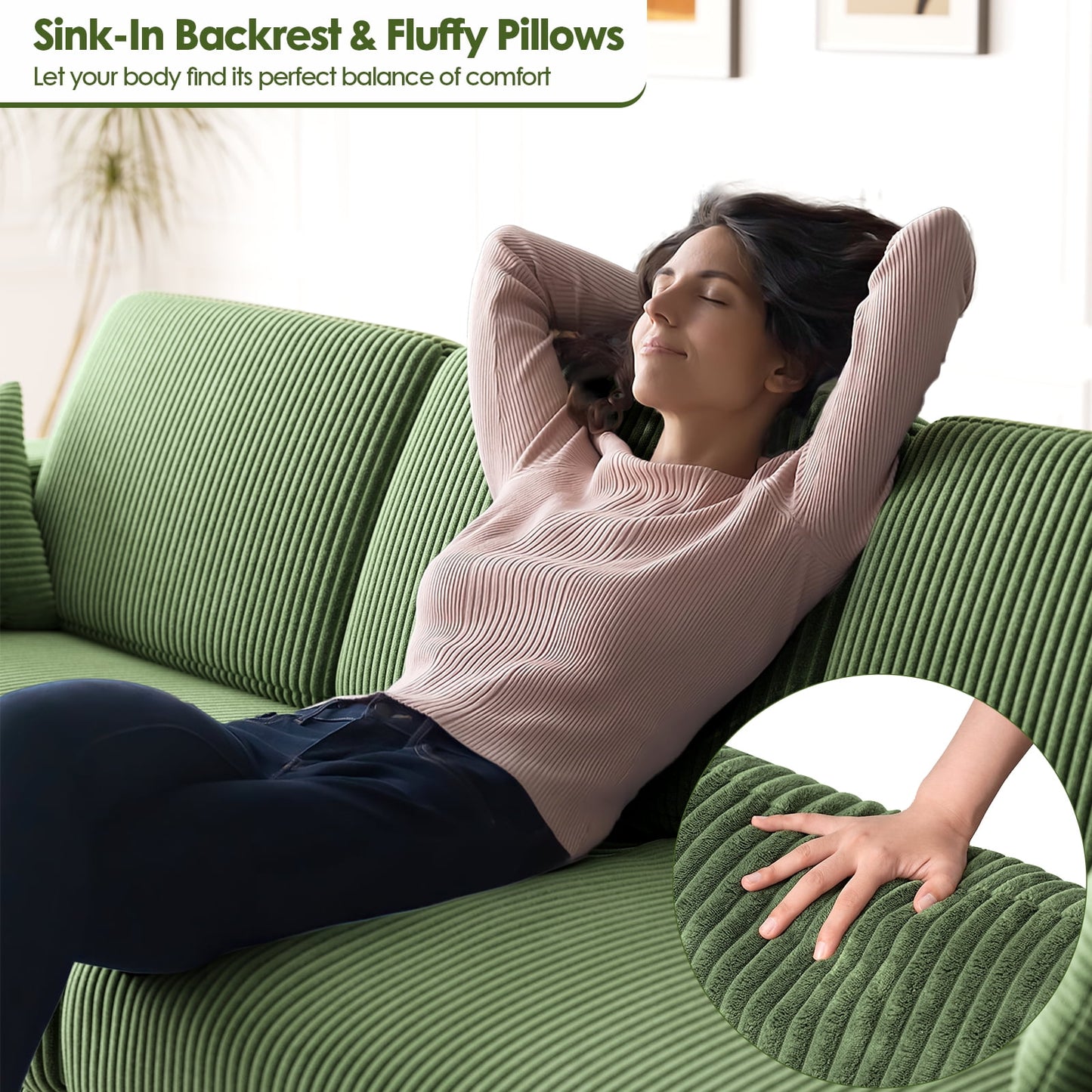 101" Sofa Couch for Living Room,24" Extra Deep Seat Corduroy Sofa,Wide Storage Armchair,Comfy Upholstered Oversized Loveseat with Cup Holder,2 Pillows,Green