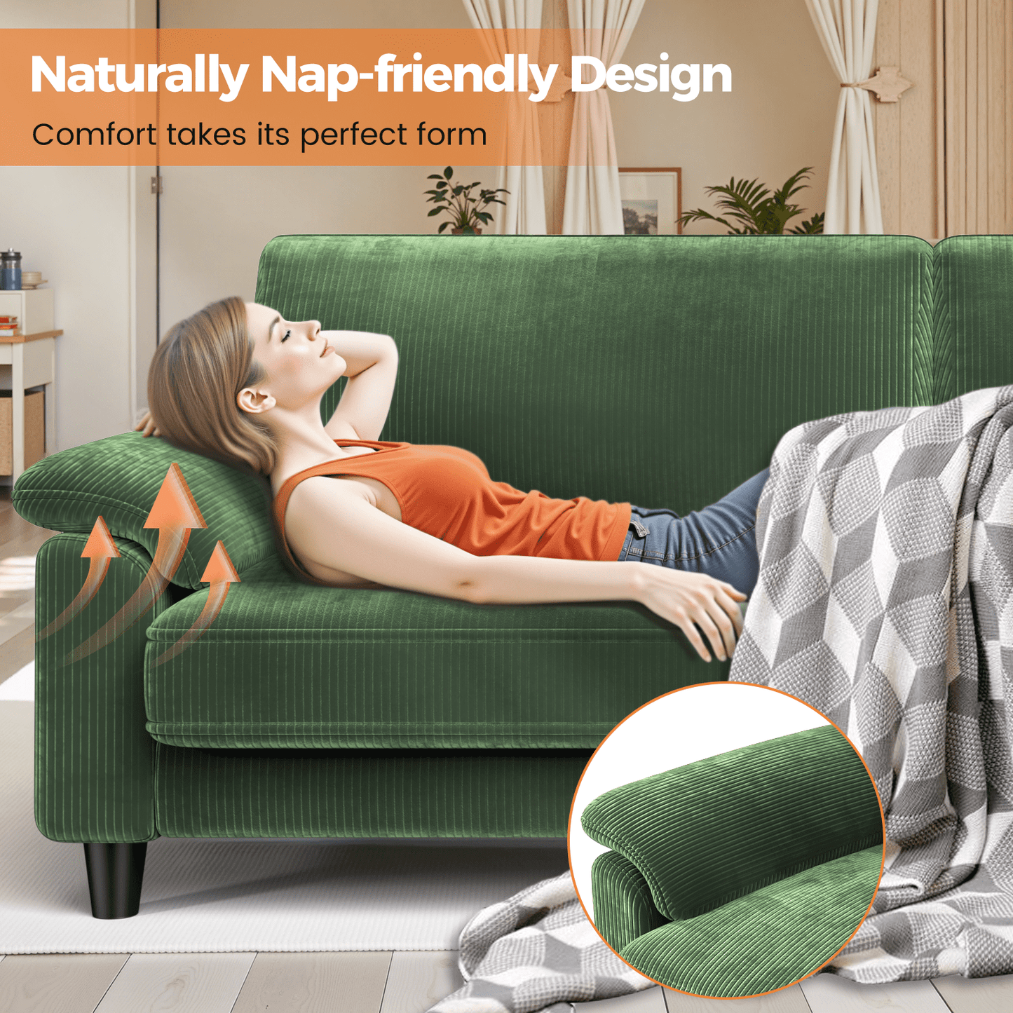 83" Corduroy Sofa,Loveseat Sofa with Extra Deep Seat Couches ,Comfy Upholstered Couch for Living Room,Tool-Free Setup with 2 Pillows,Green