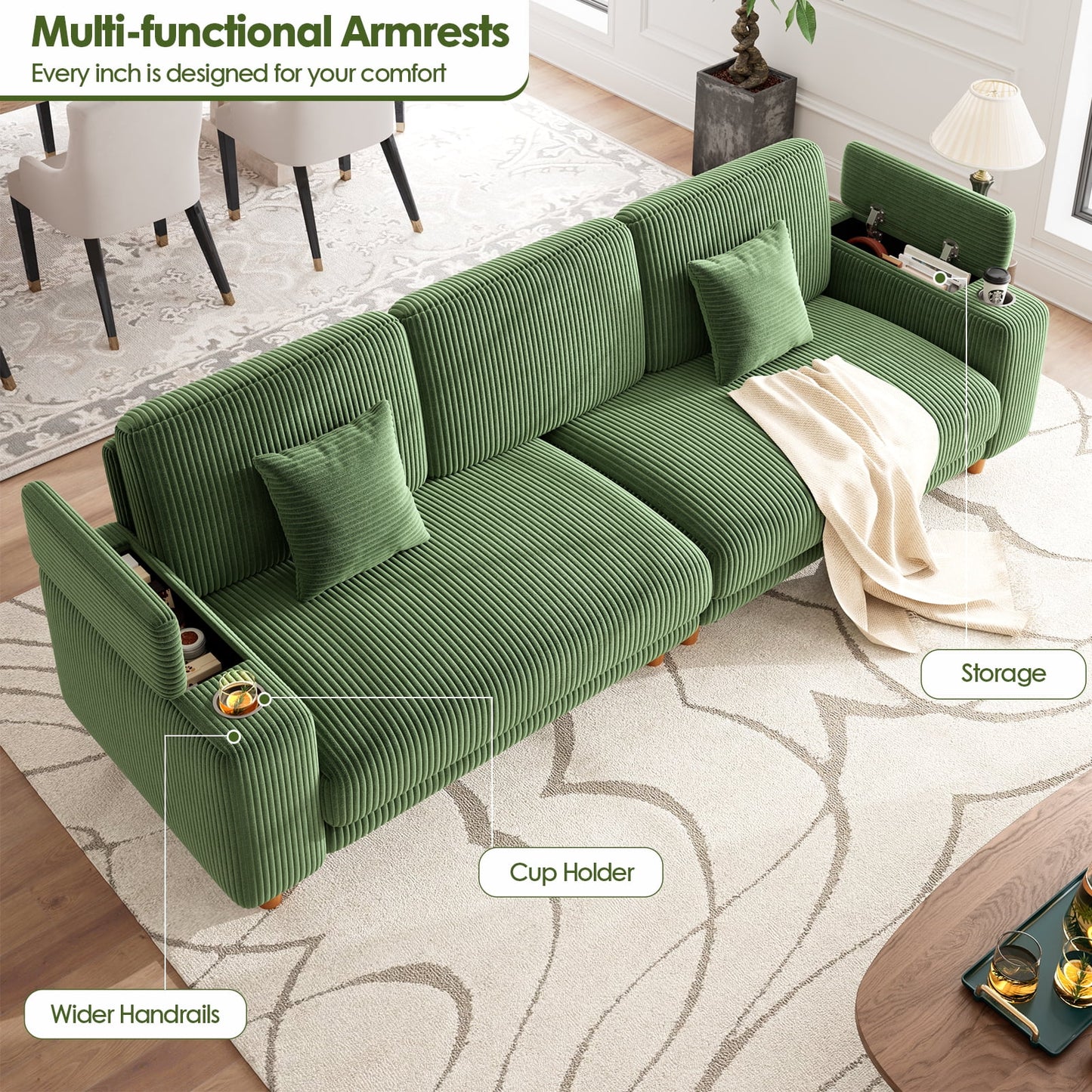 101" Sofa Couch for Living Room,24" Extra Deep Seat Corduroy Sofa,Wide Storage Armchair,Comfy Upholstered Oversized Loveseat with Cup Holder,2 Pillows,Green