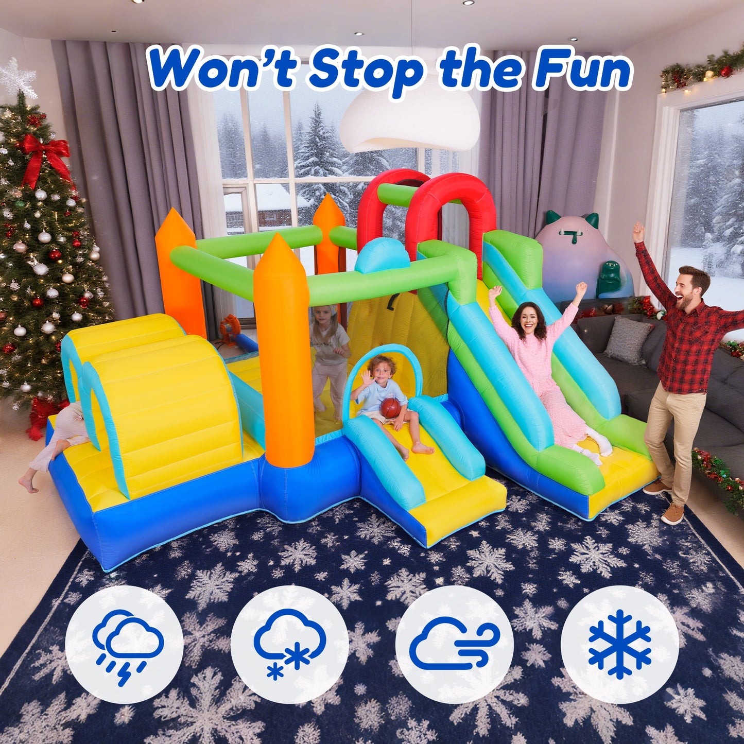 Inflatable Bounce House, 7 in 1 Large Bounce Castle for Kids 3-10, Backyard Jumping Bouncy Castle with Long Slide, Climbing Wall, Tunnel, Trampoline, Children's Outdoor Party - with Blower