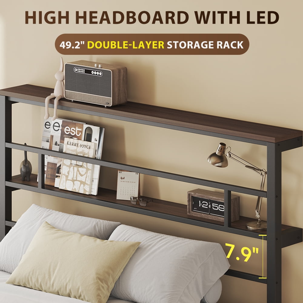 Bed Frame, Queen-Size with 2 Storage Tiers, 49.2-Inch Tall LED Teadboard Frame, No Box Spring Needed and Easy Assembly,Under Bed Storage, Black