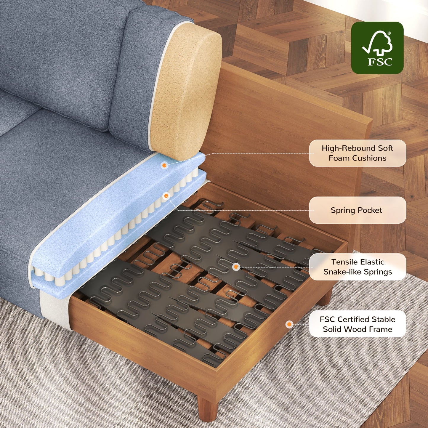 87" Sofa Couch, Comfy Extra Deep Seat 3 Seater Couch for Living Room with Soft Upholstered Round Arms,Free 2 Pillows,Grey