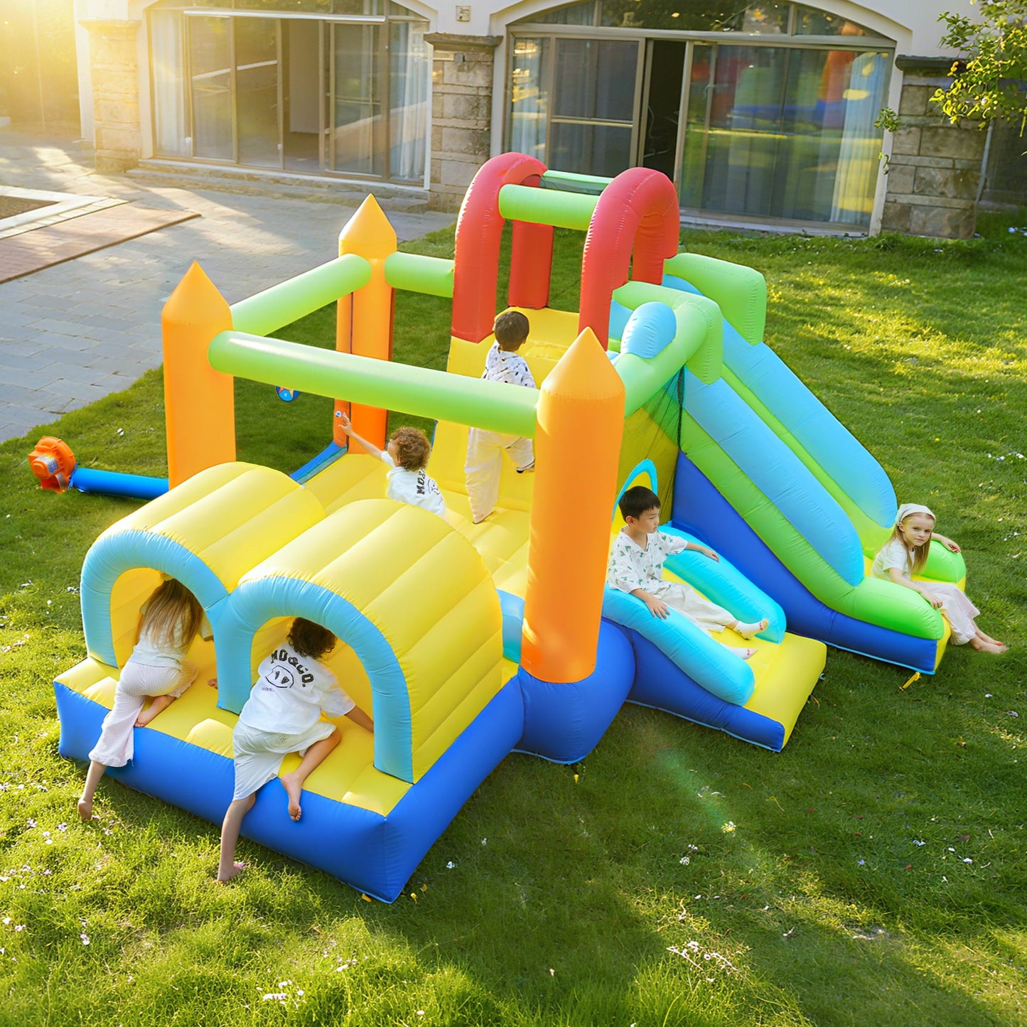 Inflatable Bounce House, 7 in 1 Large Bounce Castle for Kids 3-10, Backyard Jumping Bouncy Castle with Long Slide, Climbing Wall, Tunnel, Trampoline, Children's Outdoor Party - with Blower