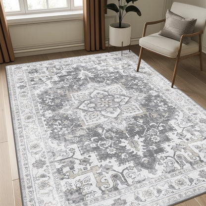 KUETH 6'x9' Area Rugs for Living Room, Non-Slip Machine Washable Vintage Retro Rug, Low Pile Chenille Print Rug for Bedroom Dining Room Home Office