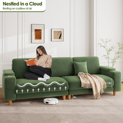 101" Sofa Couch for Living Room,24" Extra Deep Seat Corduroy Sofa,Wide Storage Armchair,Comfy Upholstered Oversized Loveseat with Cup Holder,2 Pillows,Green