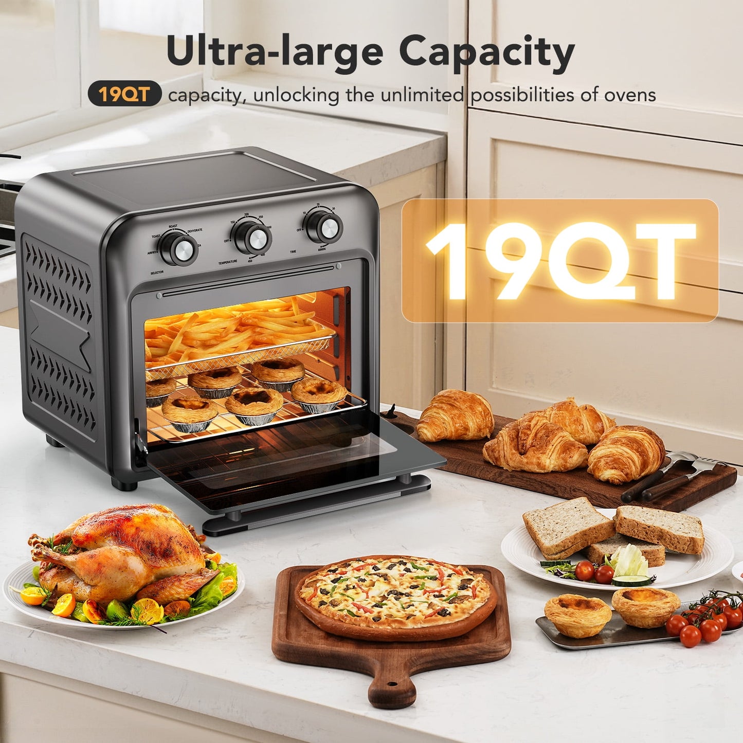 19QT Air Fryer Toaster Oven with Convection, 5-in-1 Countertop Cooker, Visible Window, Oil Free, 1500W, Black