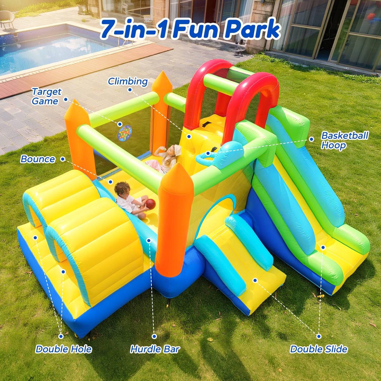 Inflatable Bounce House, 7 in 1 Large Bounce Castle for Kids 3-10, Backyard Jumping Bouncy Castle with Long Slide, Climbing Wall, Tunnel, Trampoline, Children's Outdoor Party - with Blower