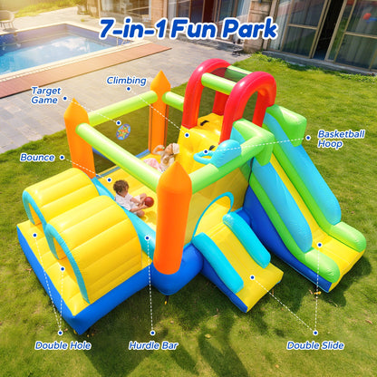 Inflatable Bounce House, 7 in 1 Large Bounce Castle for Kids 3-10, Backyard Jumping Bouncy Castle with Long Slide, Climbing Wall, Tunnel, Trampoline, Children's Outdoor Party - with Blower