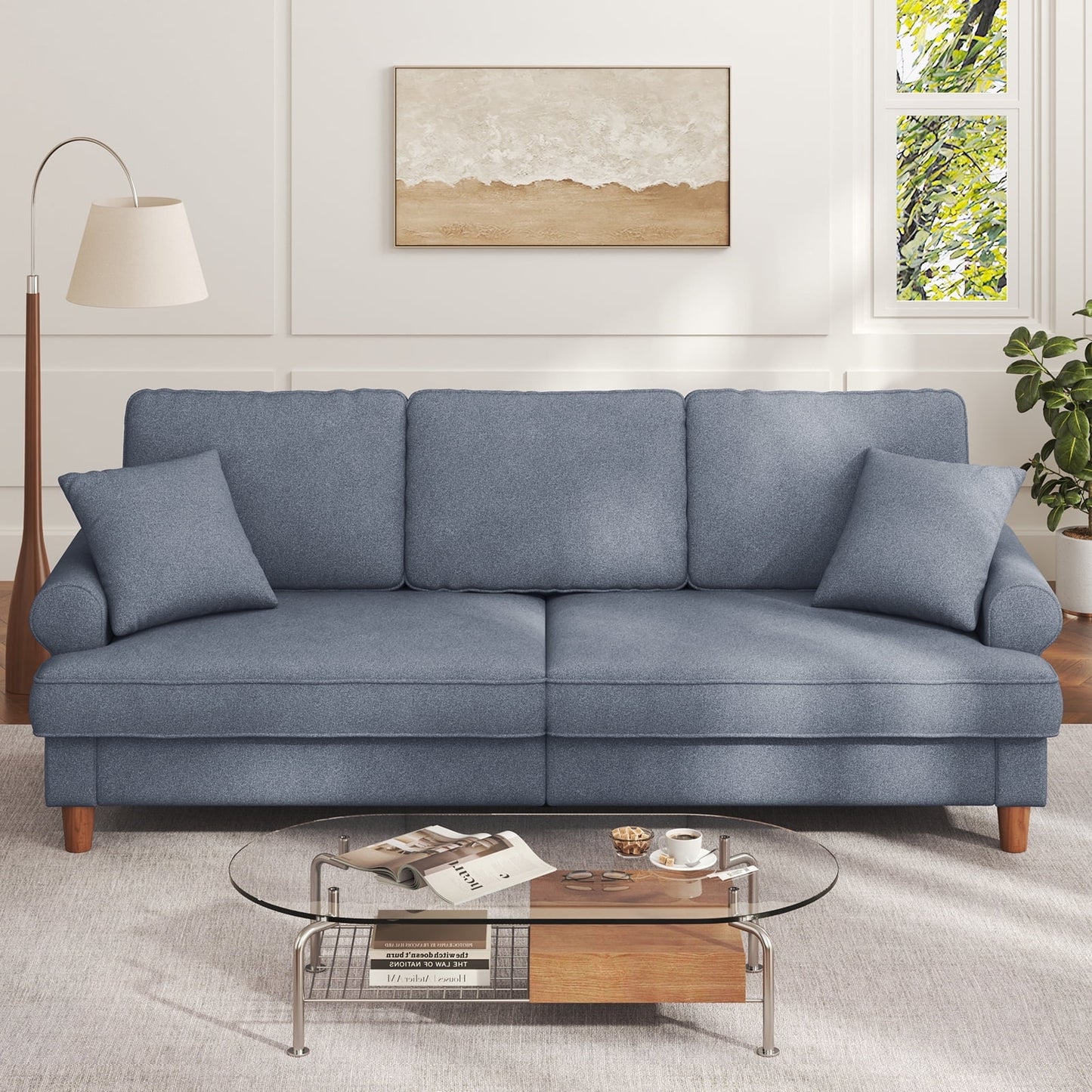 87" Sofa Couch, Comfy Extra Deep Seat 3 Seater Couch for Living Room with Soft Upholstered Round Arms,Free 2 Pillows,Grey
