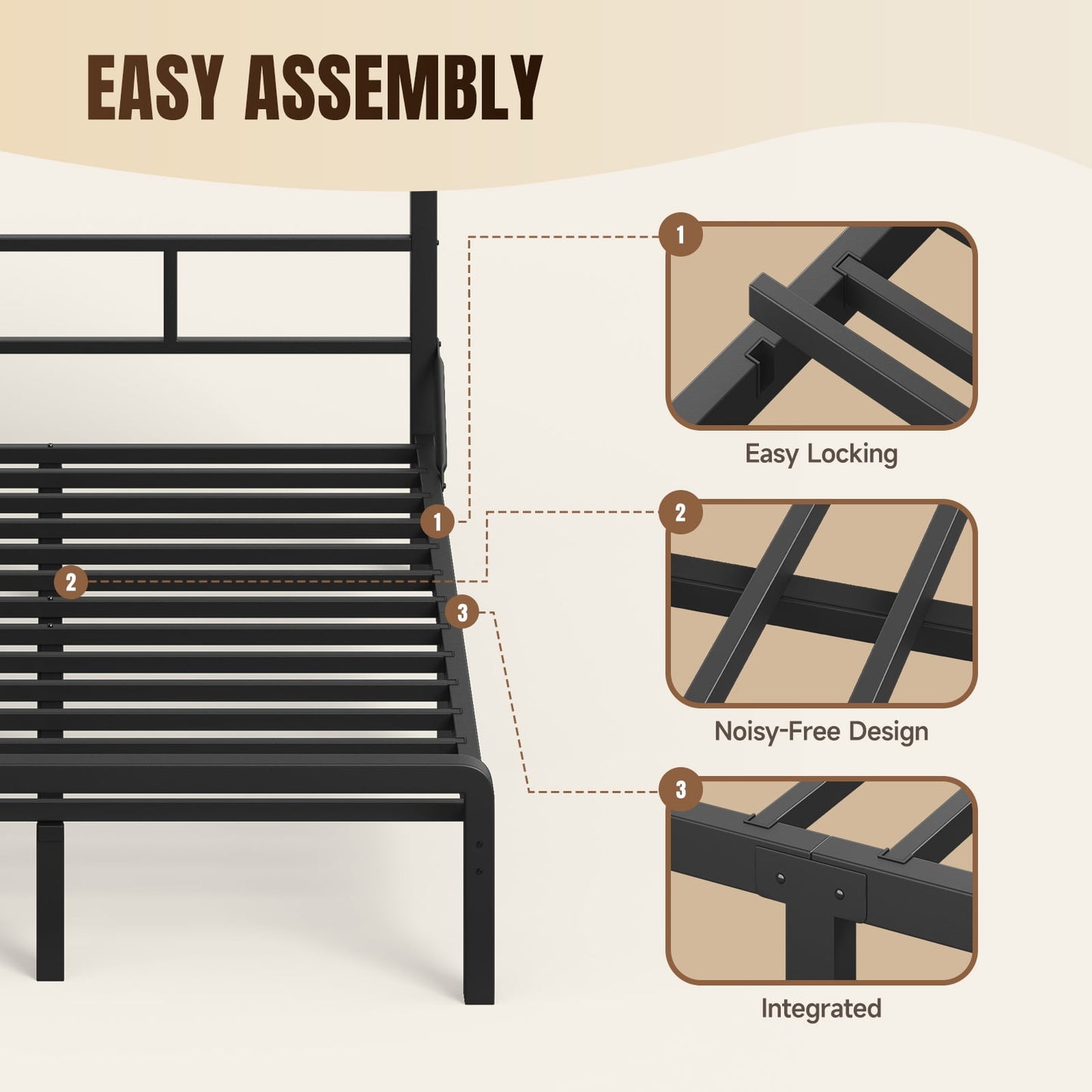 Bed Frame, Queen-Size with 2 Storage Tiers, 49.2-Inch Tall LED Teadboard Frame, No Box Spring Needed and Easy Assembly,Under Bed Storage, Black