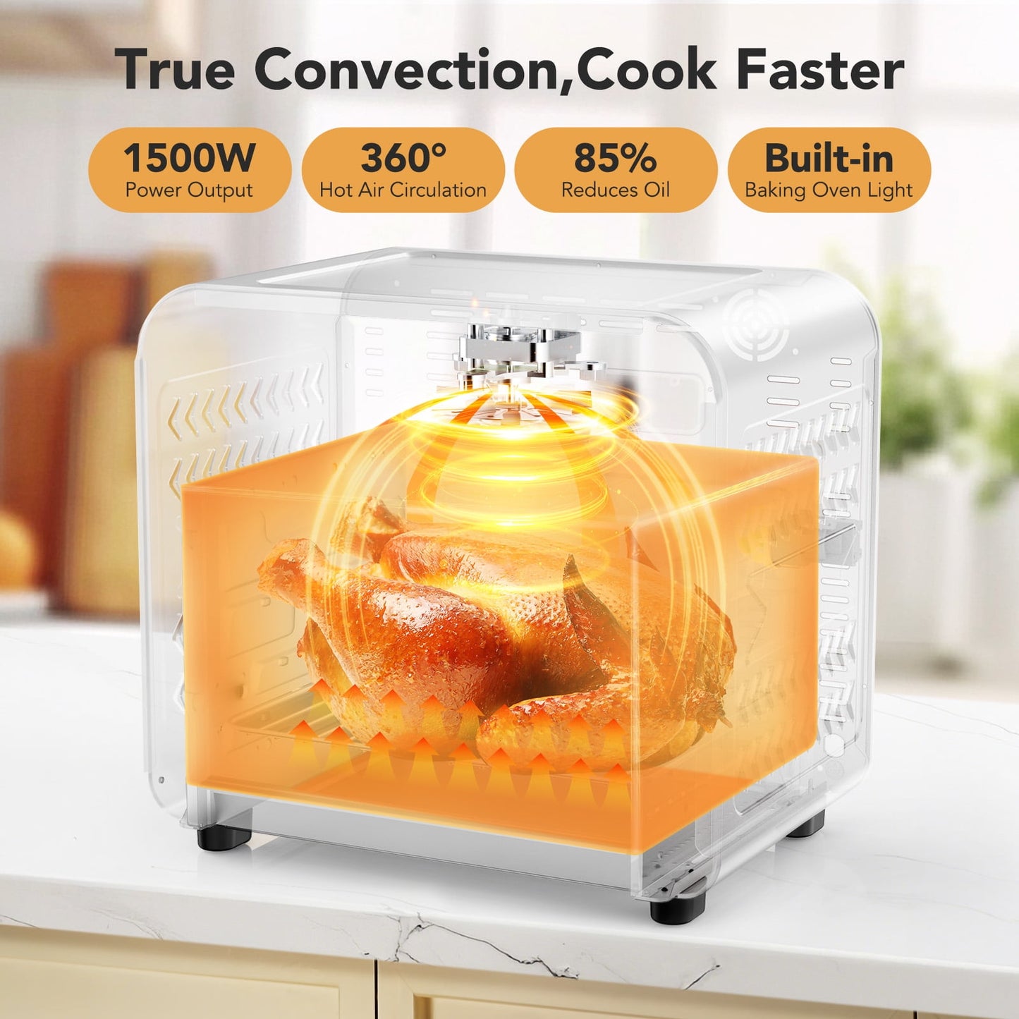 19QT Air Fryer Toaster Oven with Convection, 5-in-1 Countertop Cooker, Visible Window, Oil Free, 1500W, Black