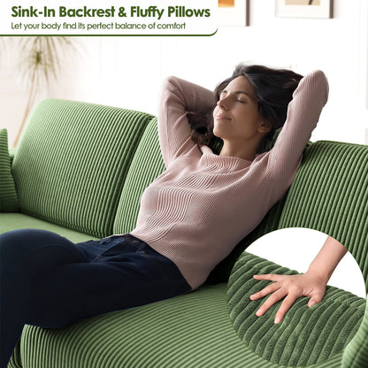 101" Sofa Couch for Living Room,24" Extra Deep Seat Corduroy Sofa,Wide Storage Armchair,Comfy Upholstered Oversized Loveseat with Cup Holder,2 Pillows,Green