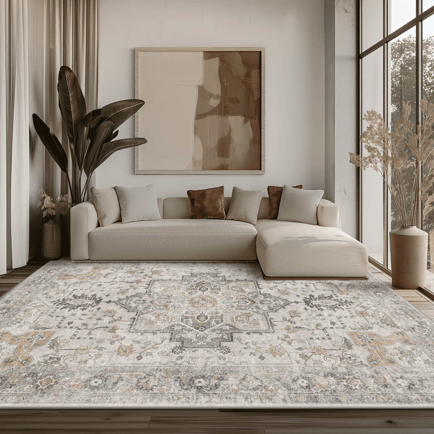 KUETH 10x14 Area Rugs for Living Room, Non Slip Machine Washable Retro Rugs, Ultra-thin Print Rug for Bedroom, Dining Room, Home Office.