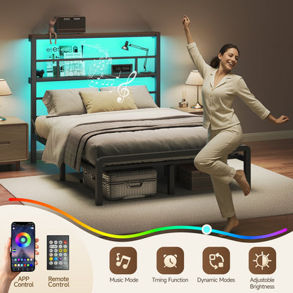 Bed Frame, Queen-Size with 2 Storage Tiers, 49.2-Inch Tall LED Teadboard Frame, No Box Spring Needed and Easy Assembly,Under Bed Storage, Black