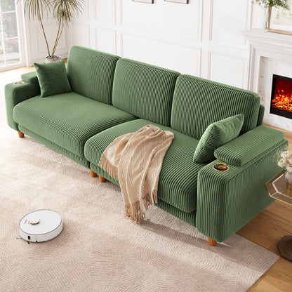 101" Sofa Couch for Living Room,24" Extra Deep Seat Corduroy Sofa,Wide Storage Armchair,Comfy Upholstered Oversized Loveseat with Cup Holder,2 Pillows,Green