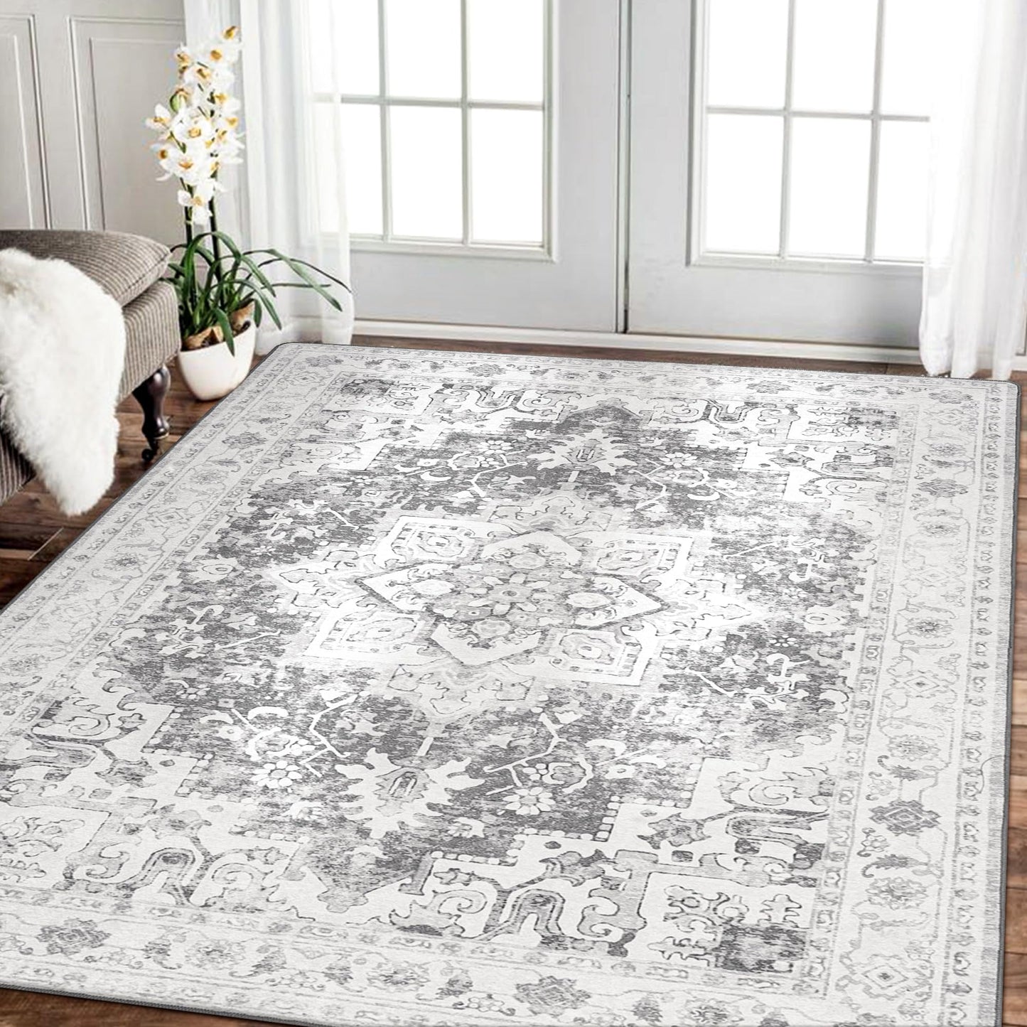 KUETH 6'x9' Area Rugs for Living Room, Non-Slip Machine Washable Vintage Retro Rug, Low Pile Chenille Print Rug for Bedroom Dining Room Home Office
