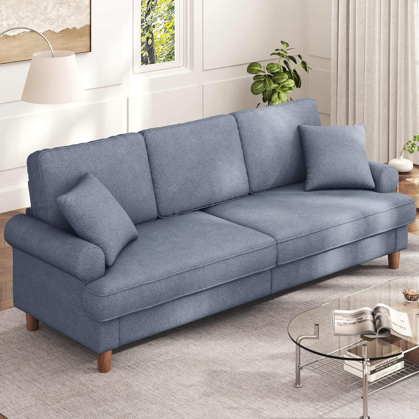 87" Sofa Couch, Comfy Extra Deep Seat 3 Seater Couch for Living Room with Soft Upholstered Round Arms,Free 2 Pillows,Grey