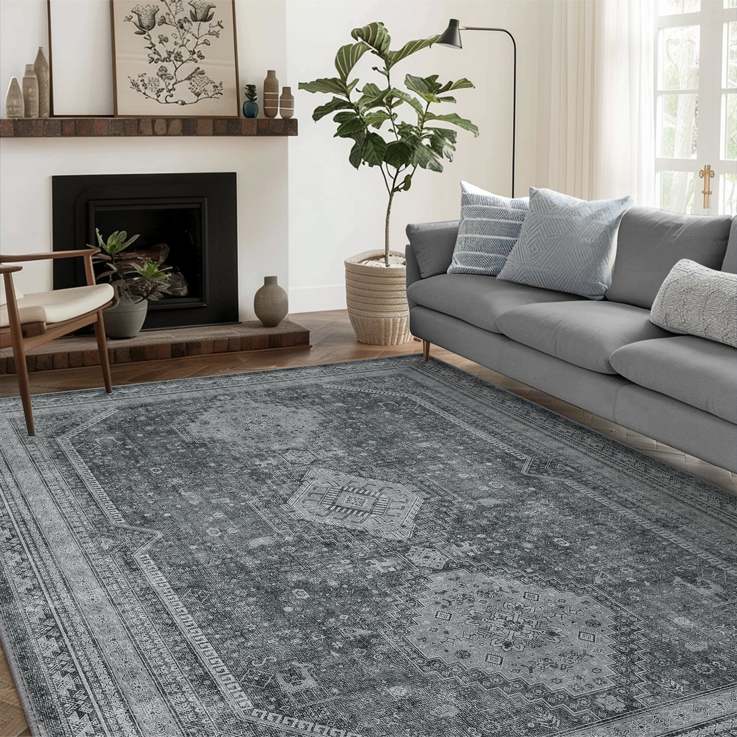 KUETH Area Rug 3'x5' Machine Washable Hallway Runner Rug, Non-Slip Low Pile Vintage Rugs for Living Room, Entryway, Bedroom, Kitchen and Corridor, Gray