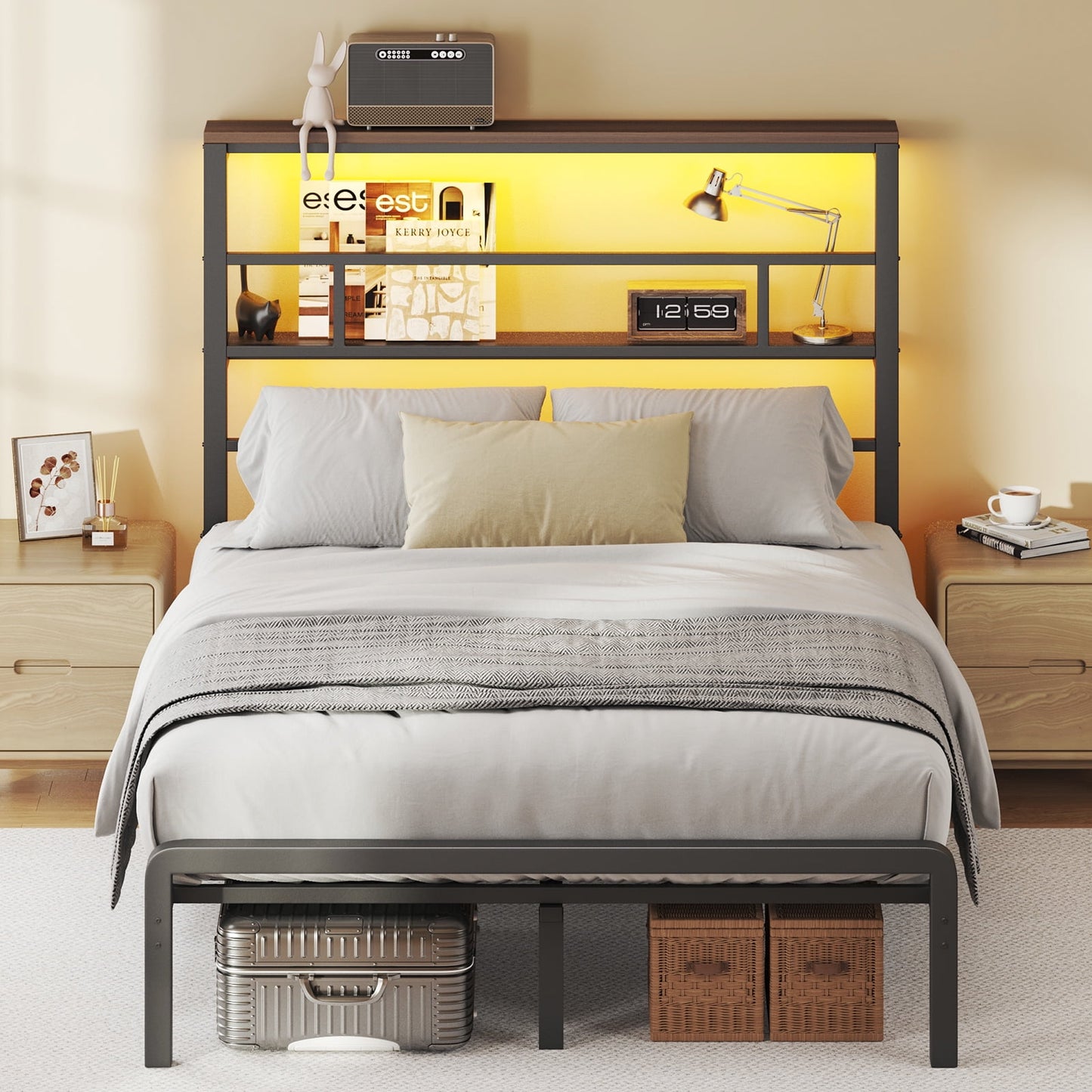 Bed Frame, Queen-Size with 2 Storage Tiers, 49.2-Inch Tall LED Teadboard Frame, No Box Spring Needed and Easy Assembly,Under Bed Storage, Black