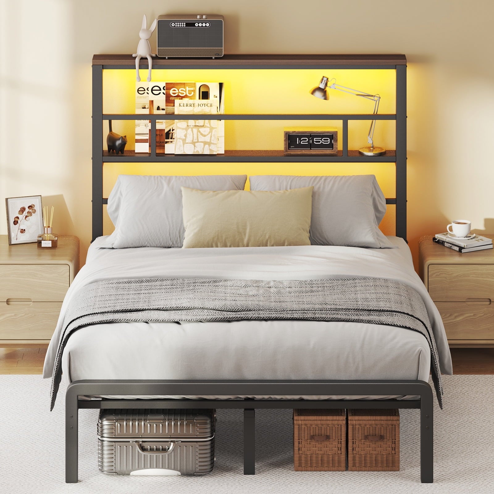 Bed Frame, Queen-Size with 2 Storage Tiers, 49.2-Inch Tall LED Teadboard Frame, No Box Spring Needed and Easy Assembly,Under Bed Storage, Black