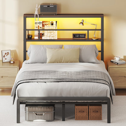 Bed Frame, Queen-Size with 2 Storage Tiers, 49.2-Inch Tall LED Teadboard Frame, No Box Spring Needed and Easy Assembly,Under Bed Storage, Black