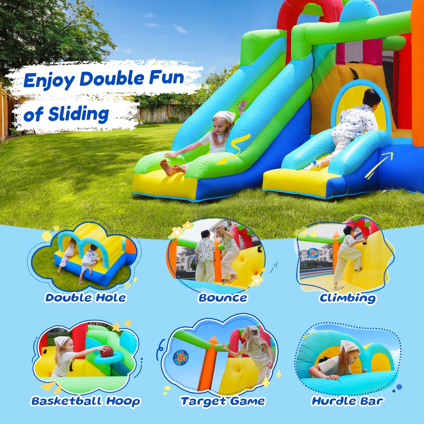 Inflatable Bounce House, 7 in 1 Large Bounce Castle for Kids 3-10, Backyard Jumping Bouncy Castle with Long Slide, Climbing Wall, Tunnel, Trampoline, Children's Outdoor Party - with Blower