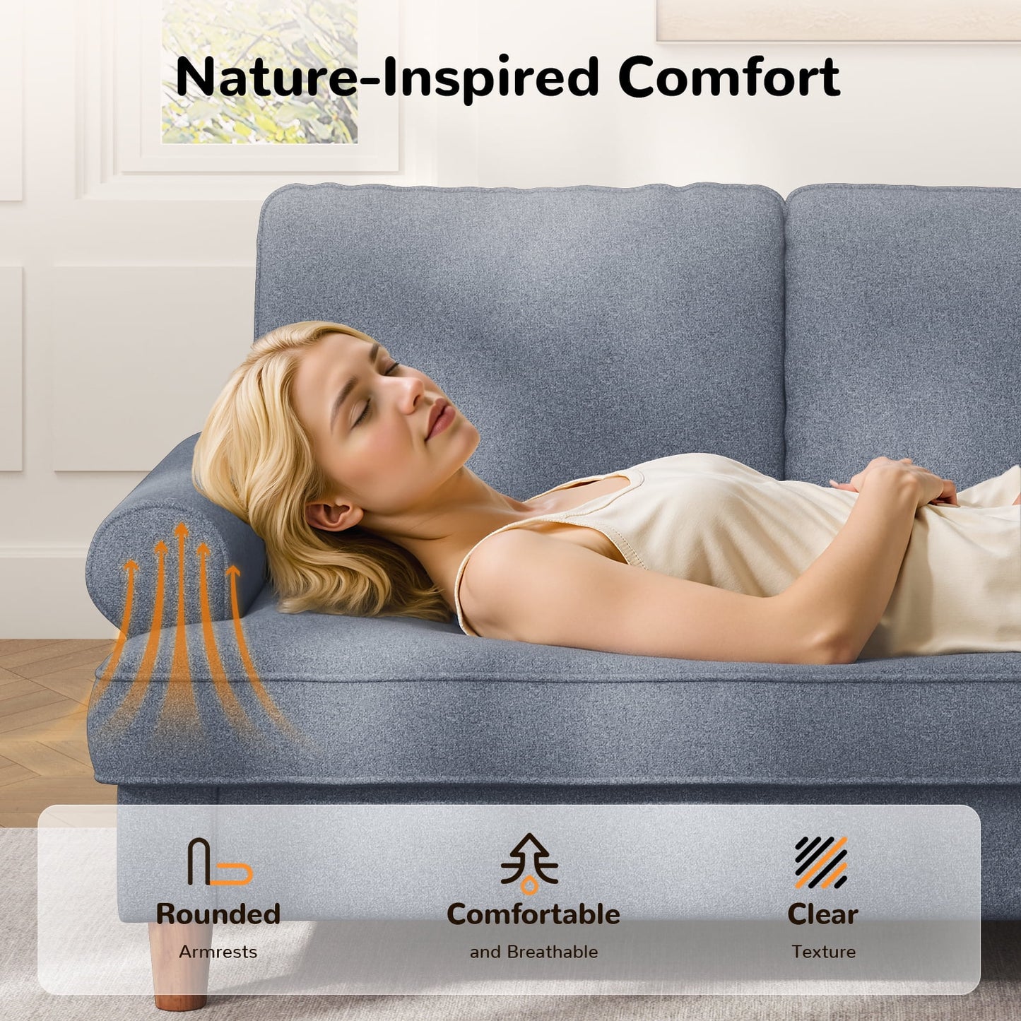 87" Sofa Couch, Comfy Extra Deep Seat 3 Seater Couch for Living Room with Soft Upholstered Round Arms,Free 2 Pillows,Grey