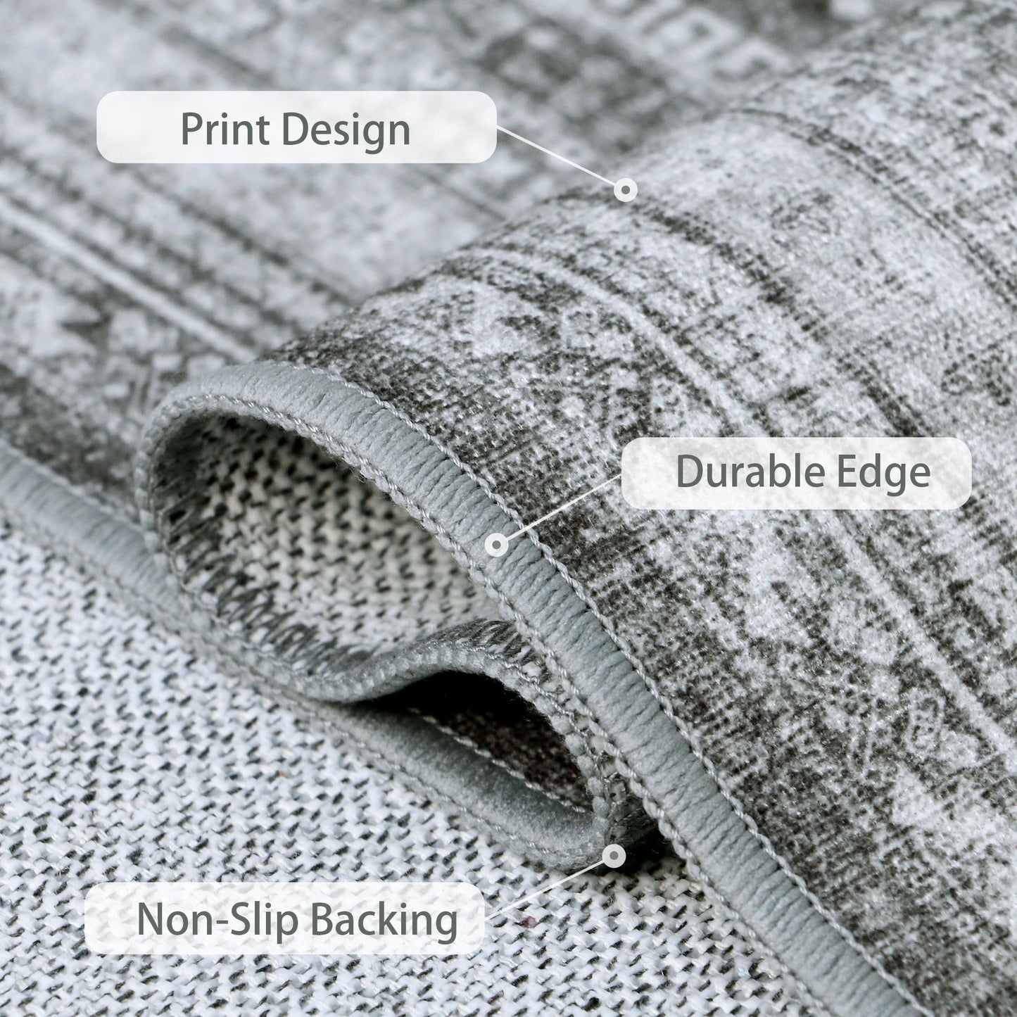 KUETH Area Rug 3'x5' Machine Washable Hallway Runner Rug, Non-Slip Low Pile Vintage Rugs for Living Room, Entryway, Bedroom, Kitchen and Corridor, Gray