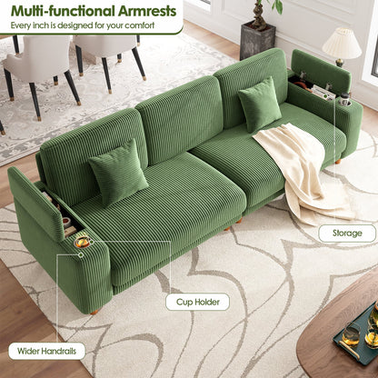 101" Sofa Couch for Living Room,24" Extra Deep Seat Corduroy Sofa,Wide Storage Armchair,Comfy Upholstered Oversized Loveseat with Cup Holder,2 Pillows,Green