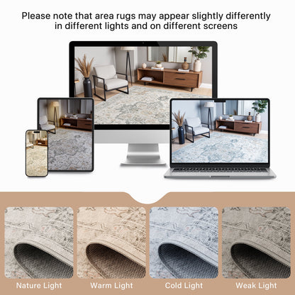 KUETH 10x14 Area Rugs for Living Room, Non Slip Machine Washable Retro Rugs, Ultra-thin Print Rug for Bedroom, Dining Room, Home Office.