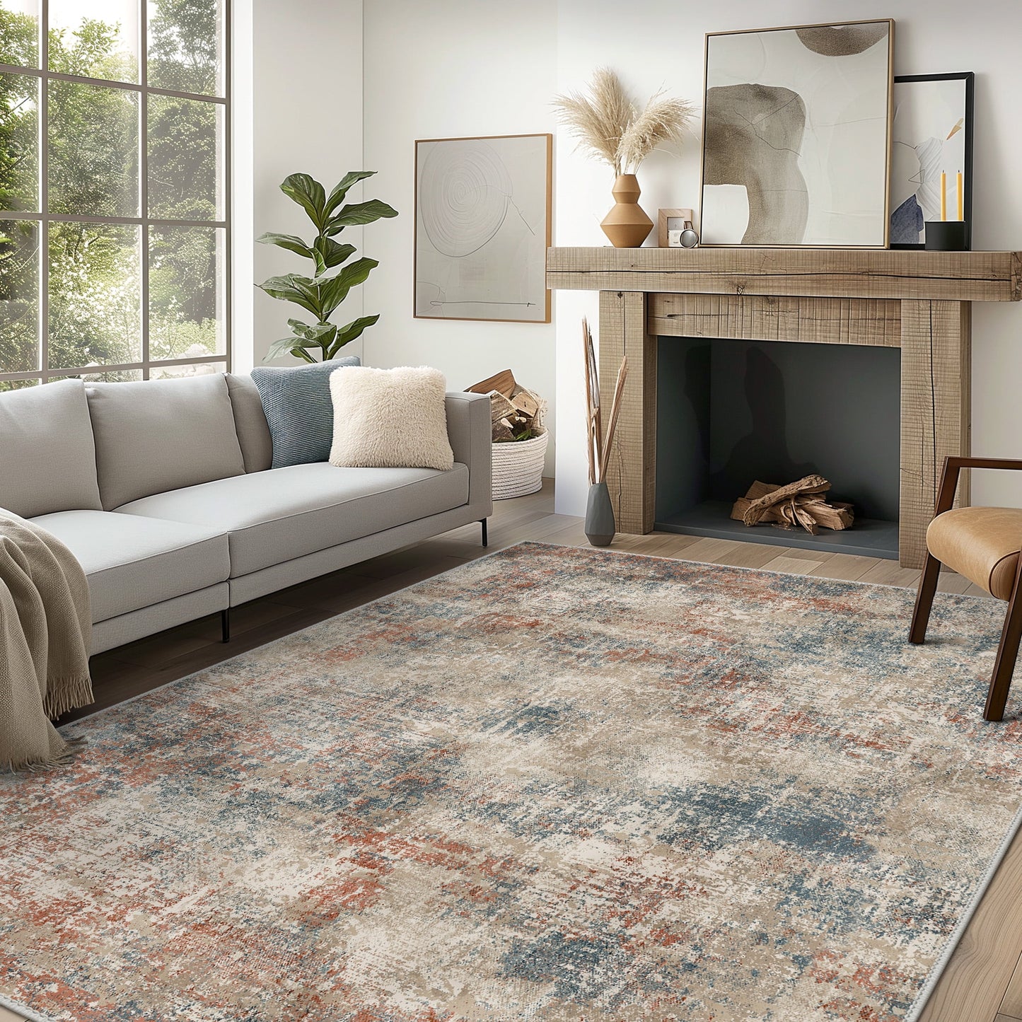 KUETH 8'x10' Area Rugs for Living Room, Non Slip Machine Washable Vintage Indoor Rug, Low Pile Print Rug for Bedroom Dining Room Home Office